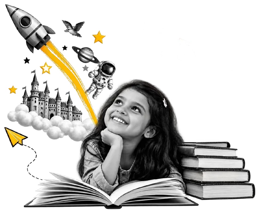 A girl dreaming over an open book, with a rocket, castle and stars rising from its pages