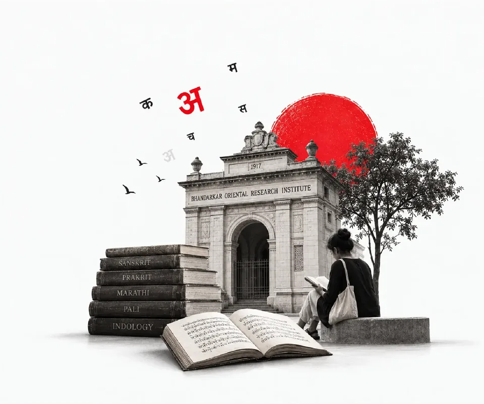 Illustration of the Bhandarkar Oriental Research Institute gateway with stacked books and a reader under a tree